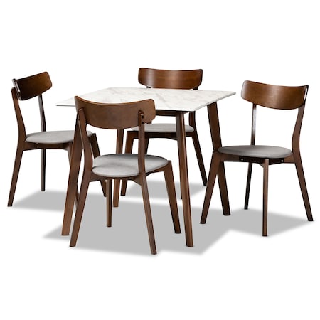 Baxton Studio Reba Mid-Century Light Grey Fabric and Walnut Brown Finished Wood 5-PC Dining Set 180-10814-11082-Zoro